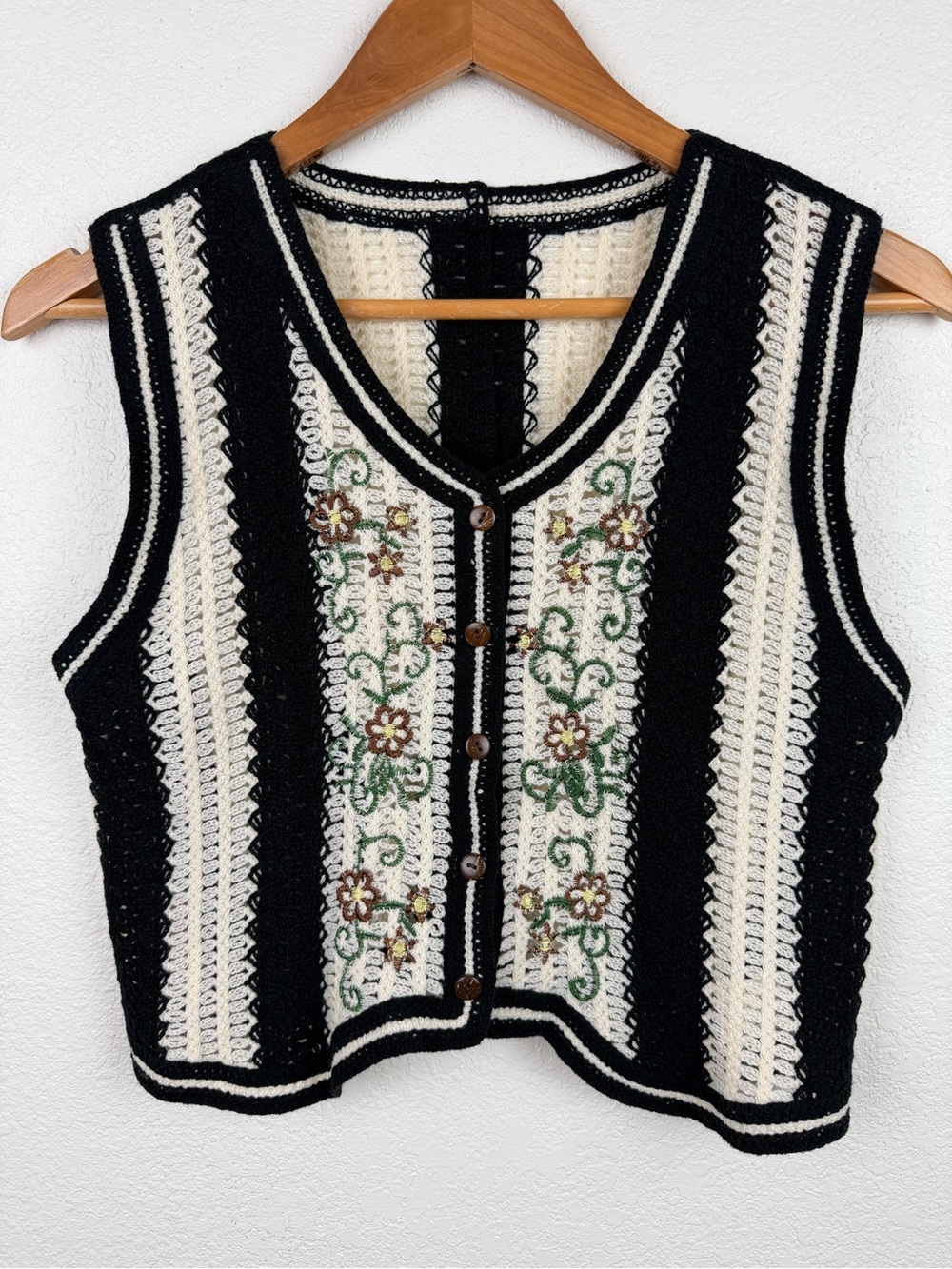 Black and Cream Floral Embroidered Knit Vest Sweater